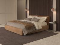 Astoria double bed covered in fabric matched with a wall paneling system with slatted effect