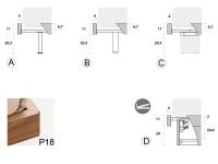 Schemi tecnici e dimensioni Giroletto P18 con giunzione a 45°: A) piedino in metallo B) piedino in legno C) piedino in metacrilato D) box contenitore con vano interno h.20,6 cm