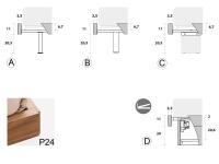 Schemi tecnici e dimensioni Giroletto P24 con giunzione a 90°: A) piedino in metallo B) piedino in legno C) piedino in metacrilato D) box contenitore con vano interno h.20,6 cm