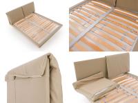 Details of the slatted bed base and removable headboard cushions with removable covers