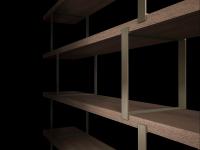 Close up of the 5cm-thick shelves with brackets in metallic lacquer