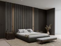 Fabric boiserie for Lounge bedroom in full-height wall version, with metal inserts