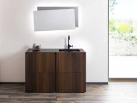 Etoile bathroom vanity with left side and fronts made of Eucalyptus wood veneer, top and left side in Marquinia Black matt marble