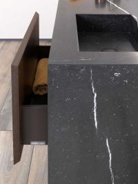 Side view of Etoile bathroom vanity with top and side in Marquinia Black matt marble