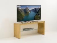 Alma wooden minimalist TV stand with optional glass shelf and metal leaf finisho