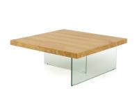 Nouvelle coffee table with knotty wood top and smoked glass legs