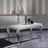 Louis wooden table with curved legs: top in matt lacquered folding and sabre-shaped legs in brushed oak silver leaf