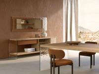 Jared sideboard in extra-clear fired glass and natural wood, drawer covered in cognac-coloured leather