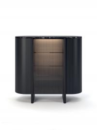 Frontal view of the Dafne buffet cabinet. This is the version with the glass door, with a black oak wood structure and a top in Marquinia marble