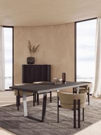 Sorrel extendable table with sled base in metallic burnished metal and top in moka blockboard oak with solid wood edge to match