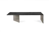 Florian table with black solid wood top and smoked glass legs
