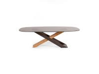 Haynes table with smoked glass top and legs in burnished metallic metal and natural Secular wood