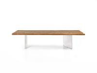 Iberis table with natural secular wood top and transparent Murano glass legs