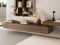 Suspended base units with deep drawers and standard drawers, open-pore oak wood in the E25 Tobacco finish
