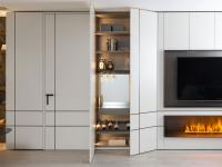 Lounge wardrobe column equipped with shelves, glass holder, mirror, drawer and bottle holder
