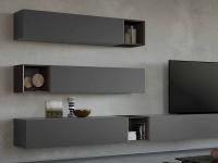 Wall units with drop-down and vasistas doors in matt lacquer (Graphite) and open compartments in aged oak wood (Carbon)