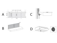 Standard equipped supply for the version with hanging TV. A) Wall panel with cable hole and VESA mount holes. B) Recess on the rear mdf panel. C) Recess on the back of the lower cabinet. D) Cable hole below the structure 