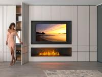 Storage wall with TV compartment and fireplace Lounge