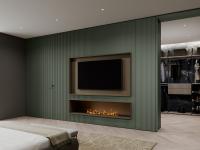 Lounge wall system with mistletoe matte lacquered TV compartment and fireplace