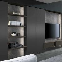Lounge wall panelling in matt lacquer (Ocean) with n.4 shelves in metallic lacquer (Bronze)