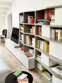 View of matte lacquered bookcase with variable depth shelves