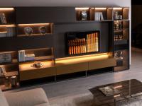 Way 27 illuminated wall unit, with open compartments for bookcase use and doors arranged asymmetrically for a dynamic layout