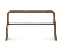 Grover slatted console table with bridge-like structure and glass shelf