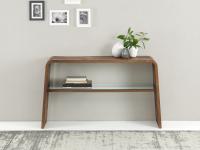 Grover console table with bridge-like structure and glass shelf