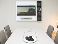 White matt lacquered TV panel with grey ashwood bookcase