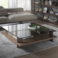 Cerian coffee table with wooden bottom shelf and bronze clear glass top