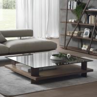 Cerian coffee table with wooden bottom shelf and the bronze clear glass top