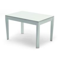 Pares table in open pore white matt lacquered finish with triangular legs
