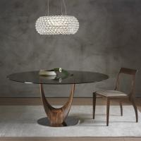 Arex sculptural base table with clear or bronze glass top and wooden shaped curved base. 