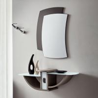 Krum boat shaped hallway furniture - storage unit with white glass shelves and taupe matt lacquered structure. "Hook" coat hooks