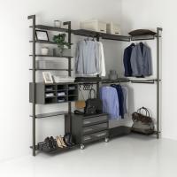 Byron walk-in closet in a corner layout, with shirt racks, drawers, shoe rack and bar with hooks for hanging handbags