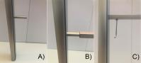 Mounting system for compositions made up of several elements - A) linchpin on an upright - B) channel for inserting the pin - C) fixed in place using allen screws