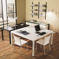 Büro customisable office desk with glossy white extra-clear covering glass top and white painted steel legs