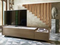 Columbus Step 240 cm wide TV cabinet, distinguished by storage units in two separate heights enclosed by a single wooden frame. 55 inch TV on 212 cm wide cabinet