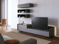 Columbus Step 240 cm TV stand, completed by a composition of Fly hinged and open wall units