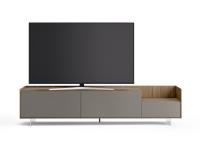 Columbus Step TV stand with wooden frame and contrasting matte lacquered fronts. 80 inch TV on 242 cm wide cabinet