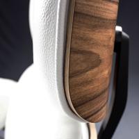 Close up of the leather headrest and curved plywood