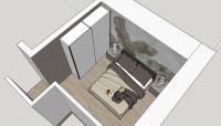 Progettazione 3D camera matrimoniale con letto, comodini e armadio ad ante scorrevoli