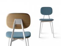 Lollipop chair with matt white metal structure, seat and back in fabric and wooden rear part