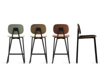 Lollipop high bar stool with comfortable back; seat available in plastic, wood or upholstered in fabric