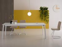Basil extending dining table with top and extension leaves in matt extra-white tempered glass