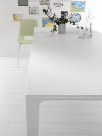 Detail of the matt white painted structure and of the table in white Cleaf laminate
