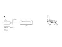Measurements scheme of the sofa bed with second trundle bed Gregory; A) sofa bed B) optional trundle bed