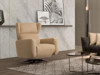 Iris swivel relax armchair available in fabric, faux-leather, velvet or leather. Polished chromed base.