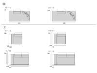 Maurice sofa dimensional drawing: D) dormeuse with fixed backrest E) end elements