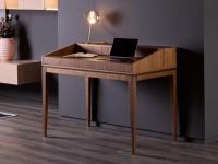 Aneko modern secretarial desk with frame and legs of solid natural walnut wood, top of slatted wood veneered in matching colour